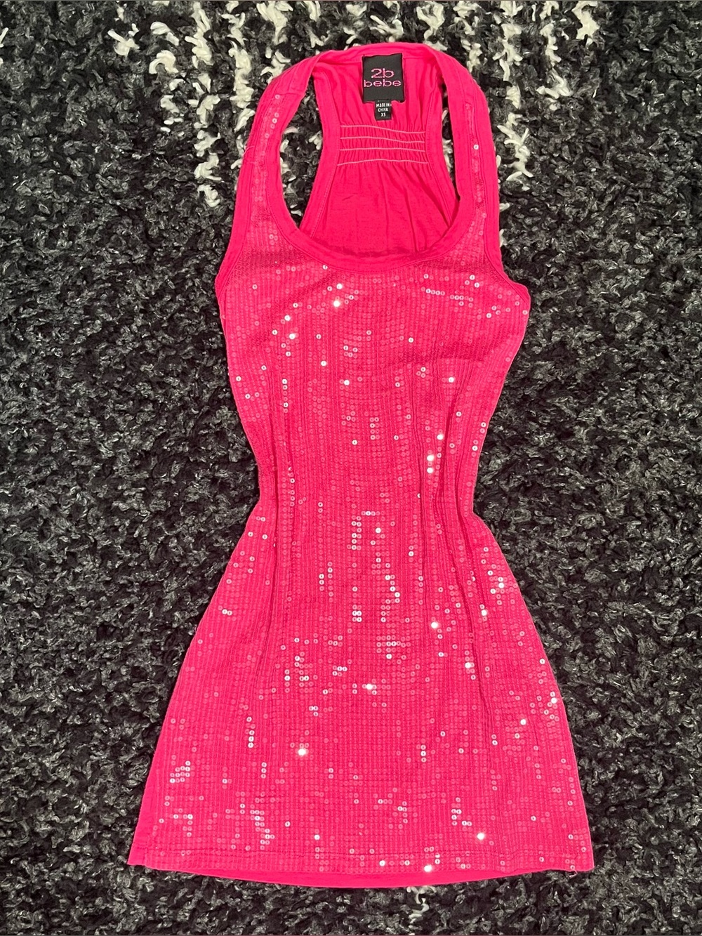 2b Bebe Sparkly Hot Pink Sequin Micro Mini Tunic Cami Shirt Size XS